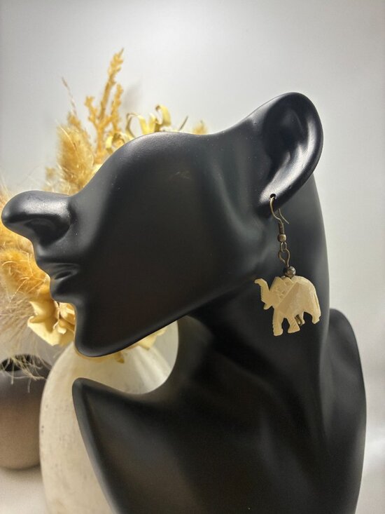 Artisan Jewelry - Vintage Hand Carved Bone Elephant Dangle Earrings Tribal Boho Safari